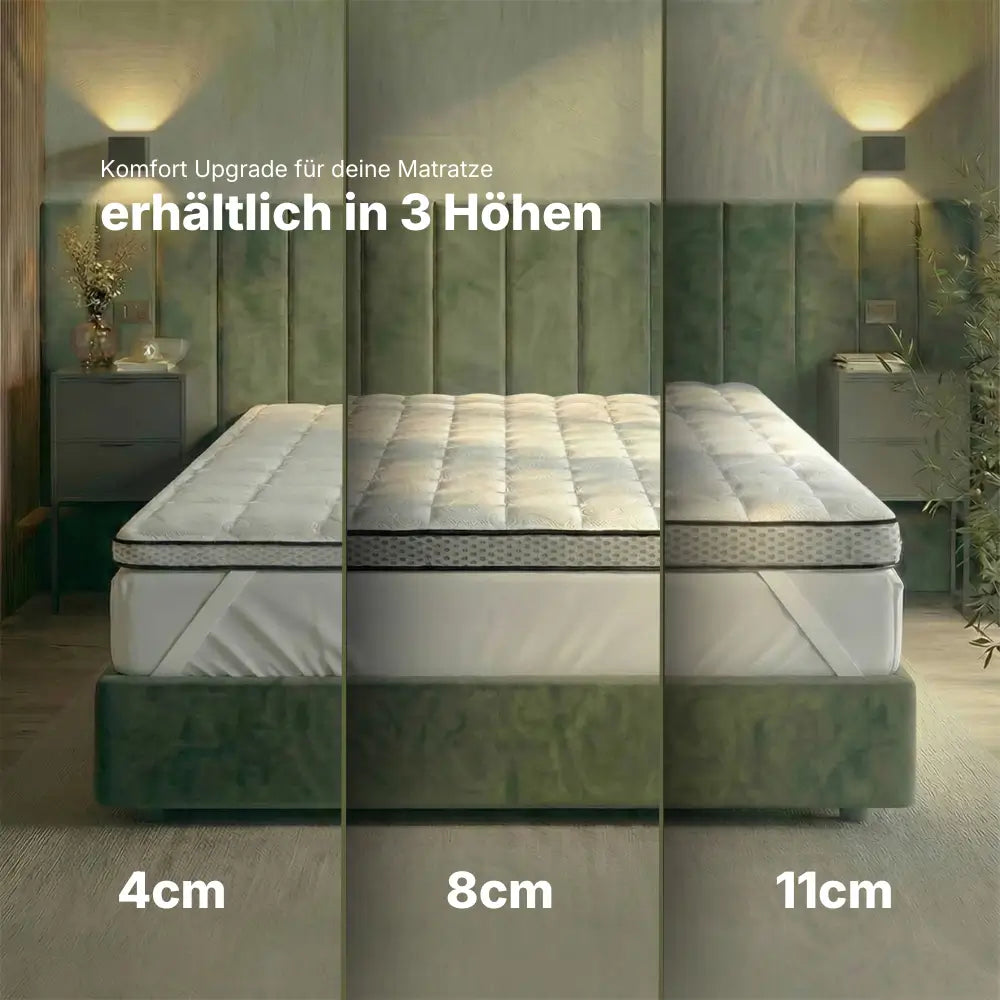 Gelschaum-Topper als Komfort-Upgrade für die Matratze im Höhenvergleich: links 4 cm, mittig 8 cm und rechts 11 cm Höhe auf einem Bett dargestellt
