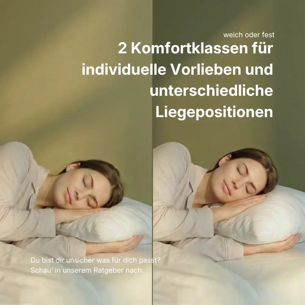 Geteilte Darstellung einer schlafenden Person auf einem weißen Federkissen, links weich und rechts fest, zur Illustration zweier Komfortklassen.