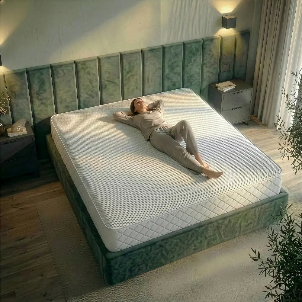 Frau liegt entspannt auf einer weißen Schaummatratze in einem modernen Schlafzimmer