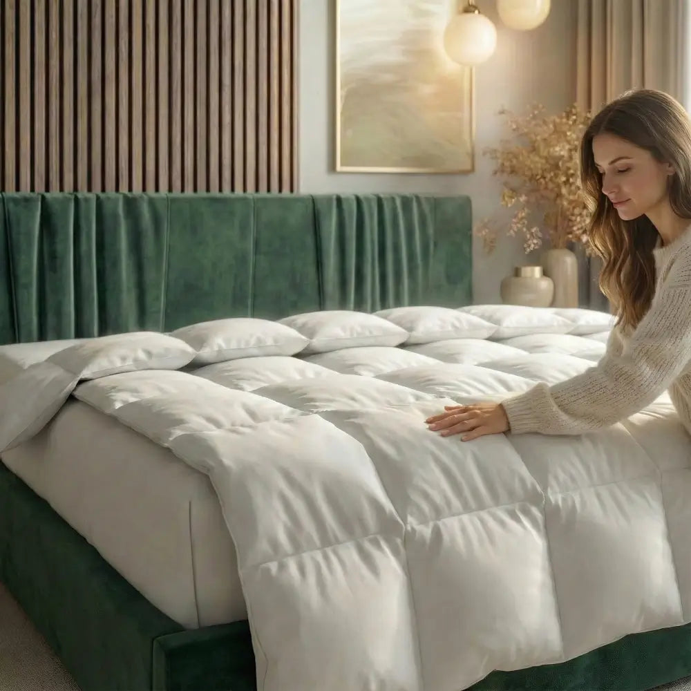 Frau lehnt sich an ein grünes Bett und berührt eine weiße Bettdecke