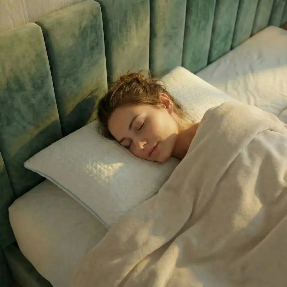 Frau schläft unter einer Bettdecke und der Kopf wird durch das Kühlkissen gestützt