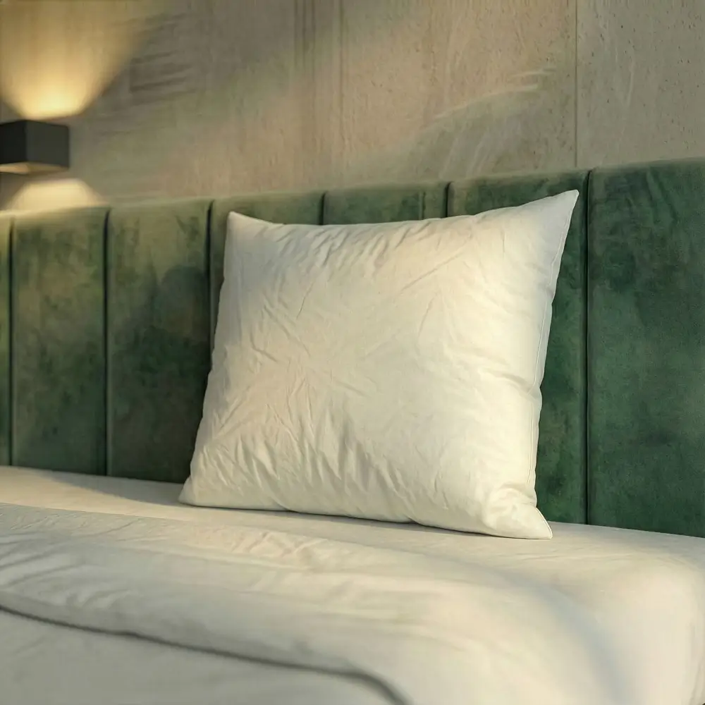 weißes Kopfkissen vor einen grünen Headboard