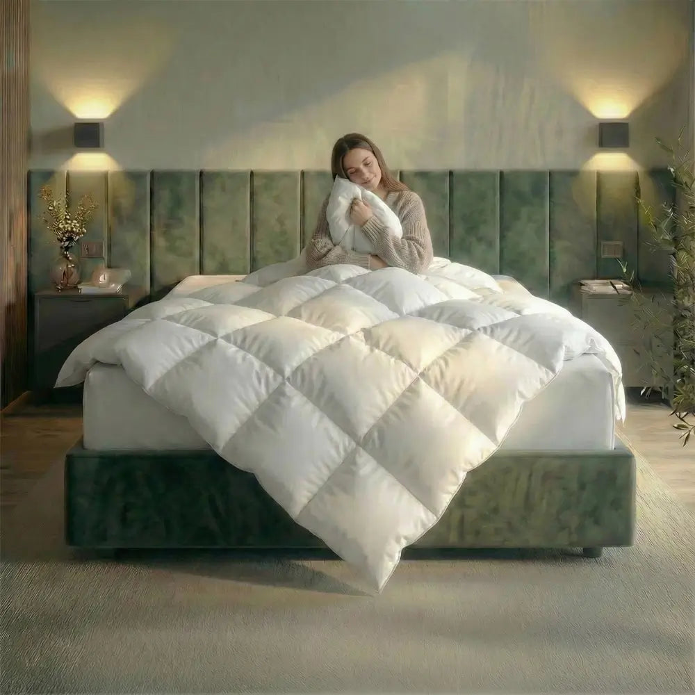 Frau sitzt entspannt im Bett und kuschelt sich in die weiße Premium vegane Decke Polypearls, modernes Schlafzimmer mit grünem Kopfteil und warmer Wandbeleuchtung