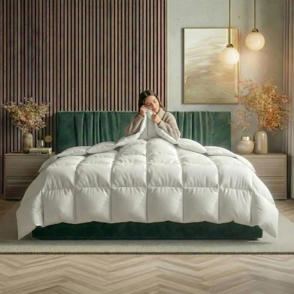 Frau sitzt entspannt im Bett und kuschelt sich in die Essential Federdecke, voluminöse Steppung sorgt für leichte Wärme und gemütlichen Schlafkomfort