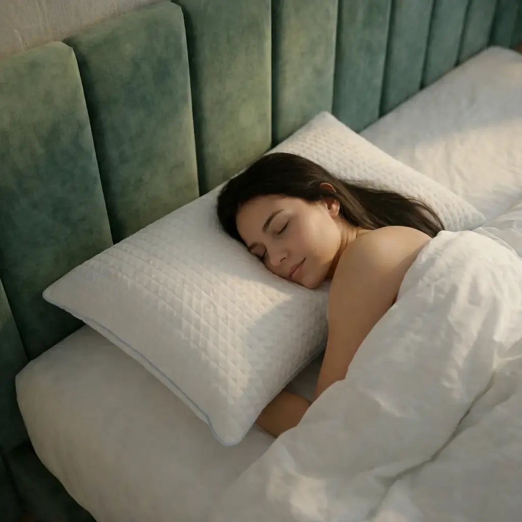 Frau schläft seitlich auf dem weißen Essential Kühlkissen in einem Bett mit weißer Bettwäsche und grünem Kopfteil