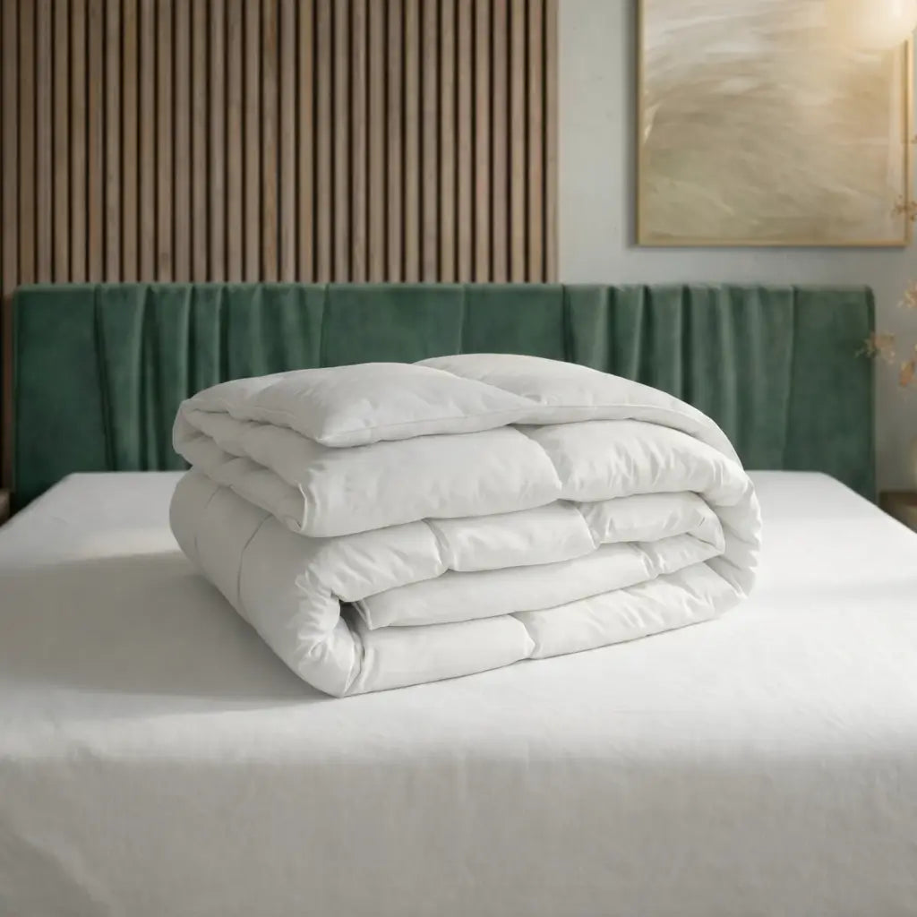 Zusammengelegte Essential Federdecke auf einem Bett, leichte und luftige Füllung sorgt für angenehmen Schlafkomfort und natürliche Wärme