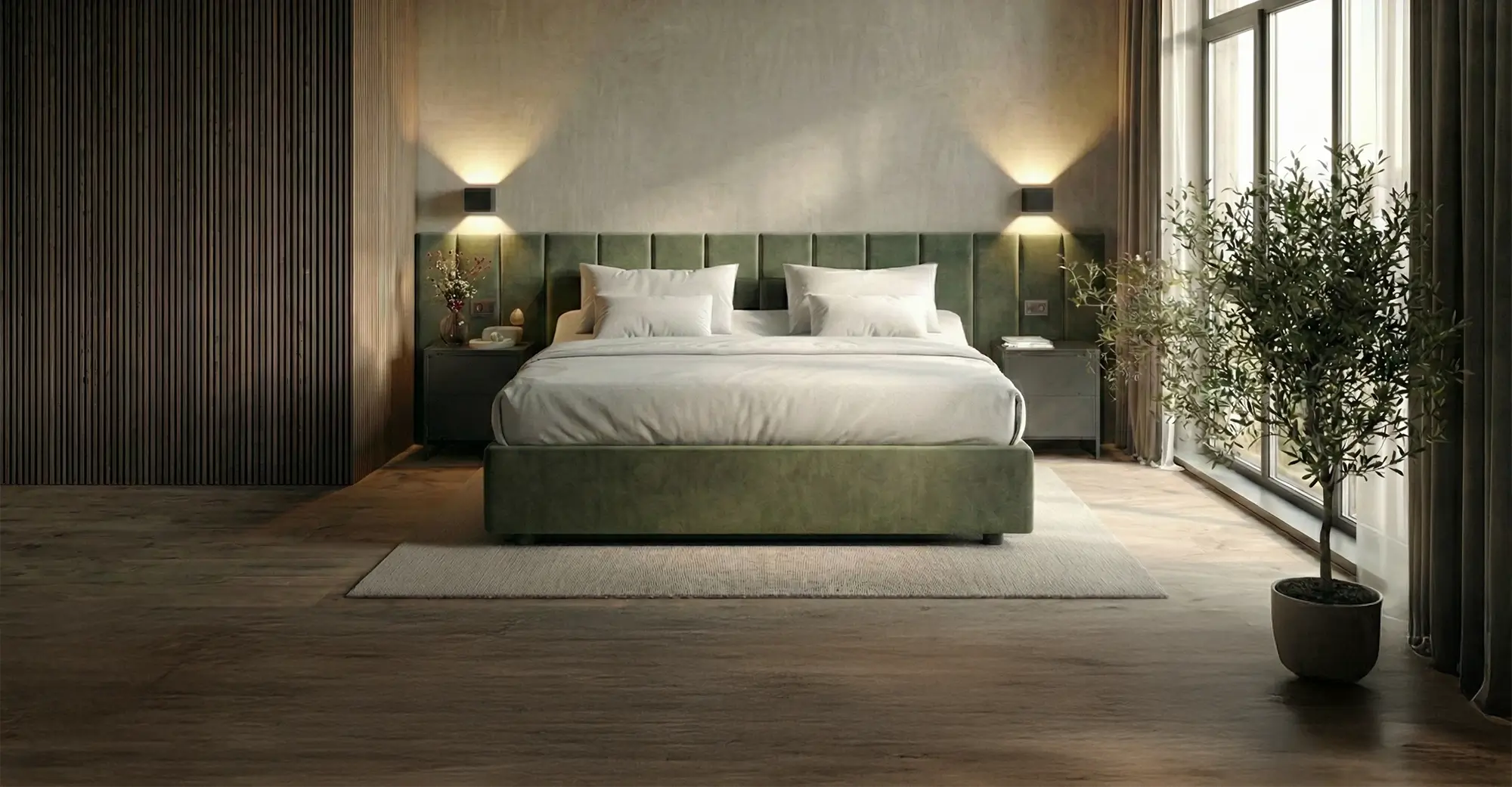 modernes Schlafzimmer mit einem grünen Bett und grünem Kopfteil