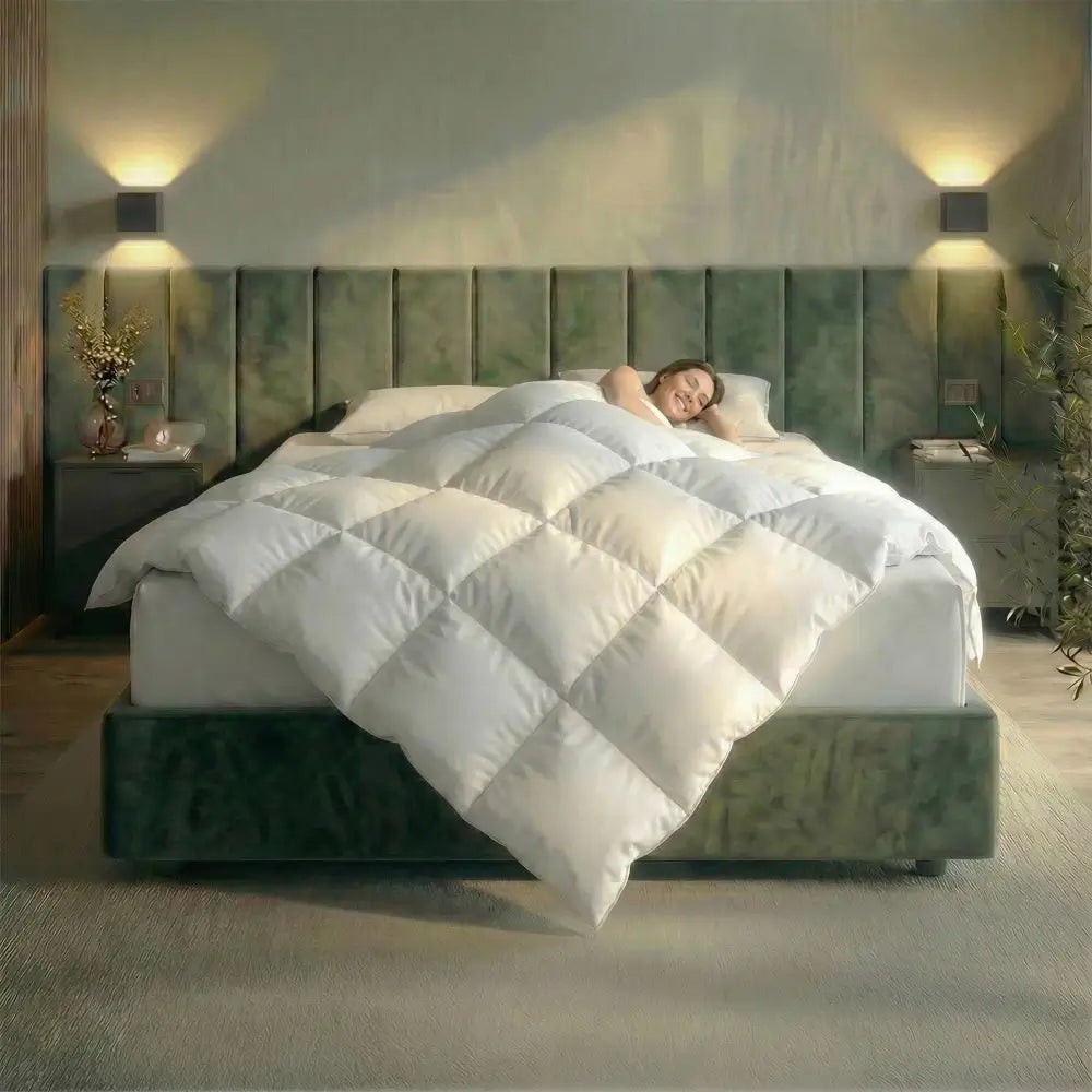 Frau liegt in einem grünen Bett und liegt unter einer weißen Bettdecke