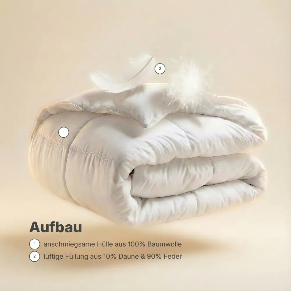 Grafische Darstellung der Essential Federdecke mit Aufbau: Hülle aus 100 % Baumwolle und luftige Füllung aus 10 % Daunen und 90 % Federn für leichten Schlafkomfort
