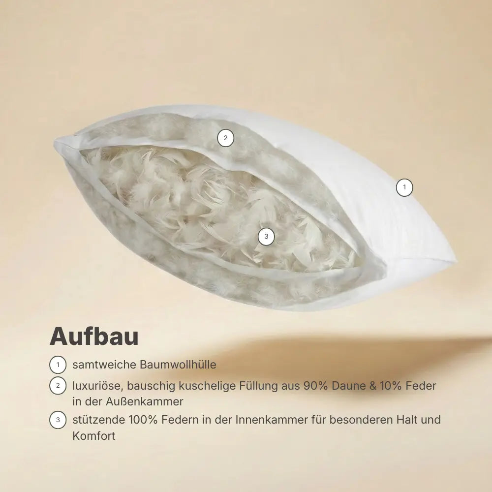 Schnittdarstellung des Superior 3-Kammer-Kissens mit Außenkammern aus Daune und Federkern in der Innenkammer