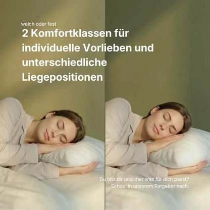 Geteiltes Vergleichsbild einer schlafenden Person auf einem weißen Premium Daunenkissen, links weich und rechts fest.