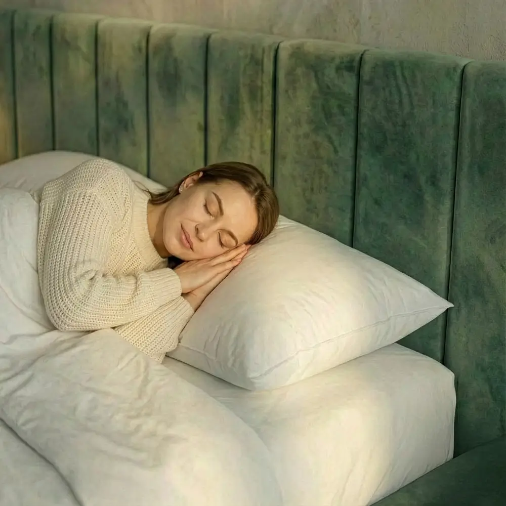 Frau liegt unter einer weißen Bettdecke und der Kopf wird durch ein weißes Kopfkissen abgestützt