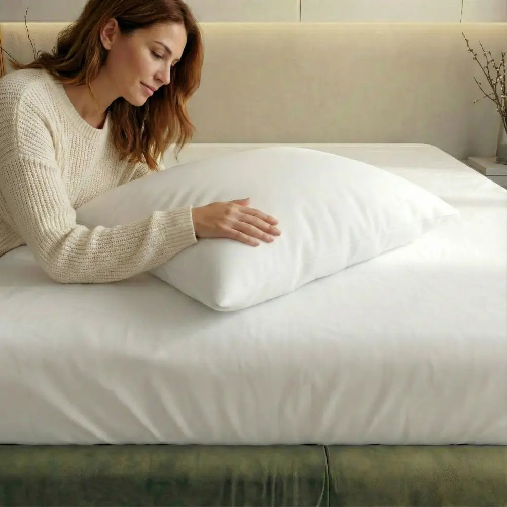 Frau liegt auf einem Bett und streichelt über ein weißes Kopfkissen