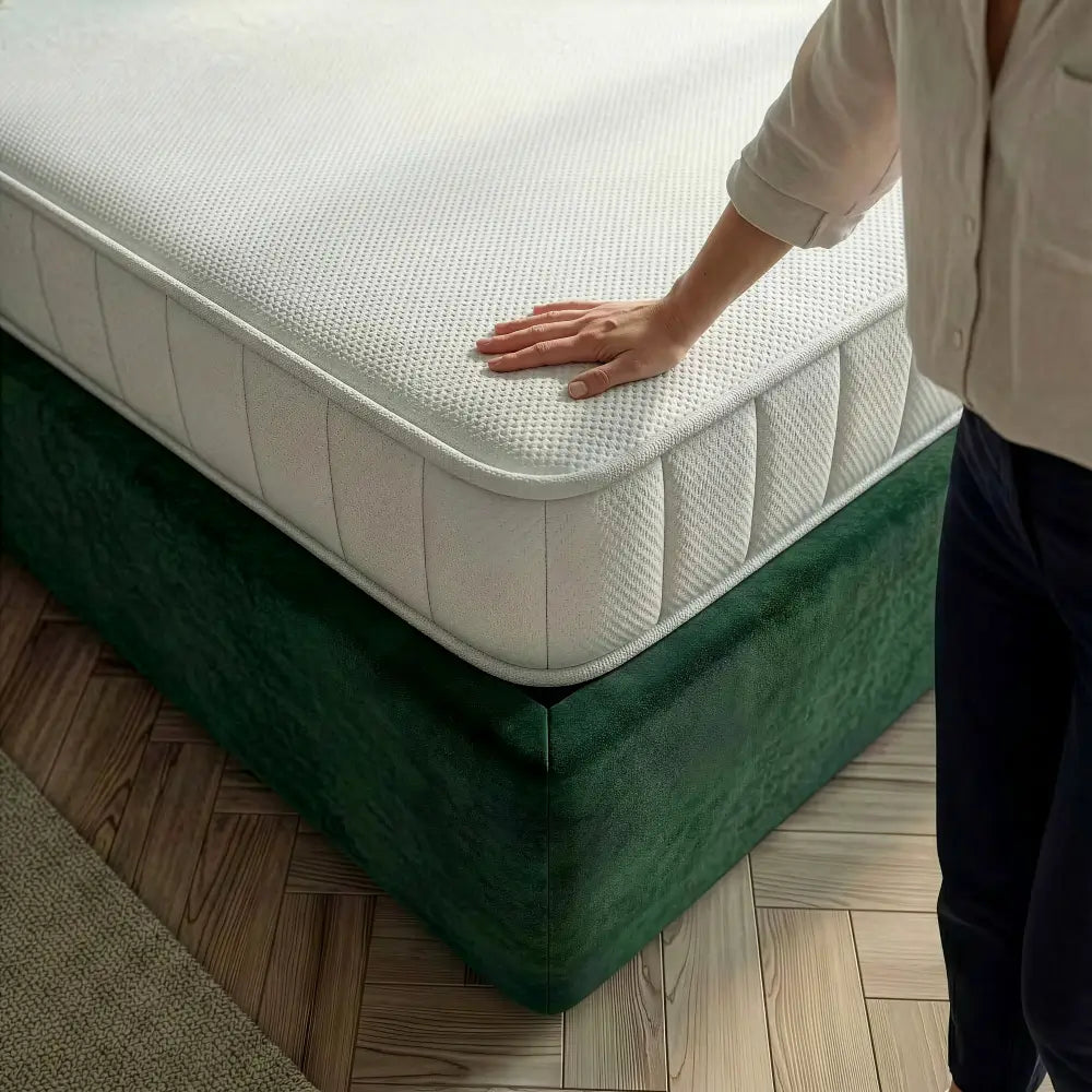 Nahaufnahme der Essential Hybridschaummatratze in 18cm Höhe mit einer weiblichen Hand die sich auf der Matratze abstützt