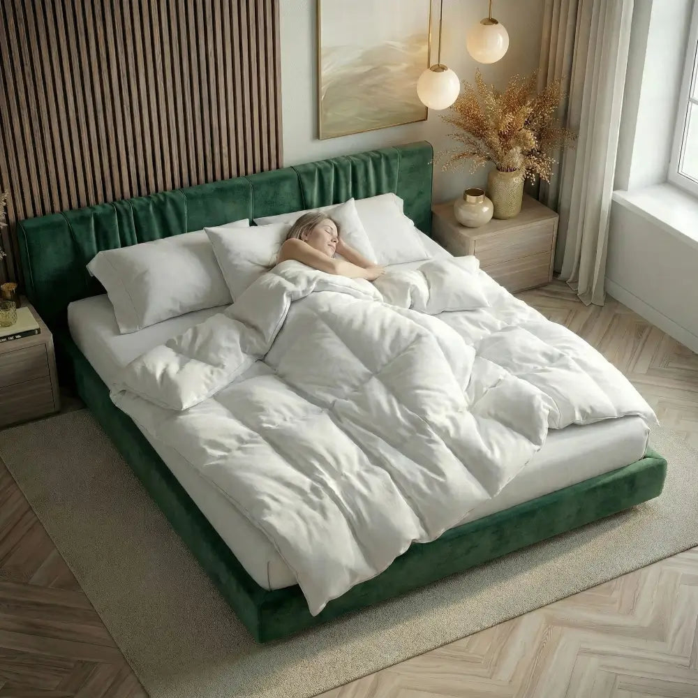 Frau schläft unter einer weißen Bettdecke in einem modernen Schlafzimmer