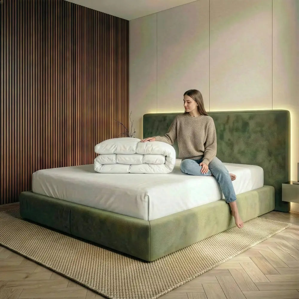 Frau sitzt auf einem grünen Bett in einem modernen Schlafzimmer und berührt eine gefaltete weiße Bettdecke