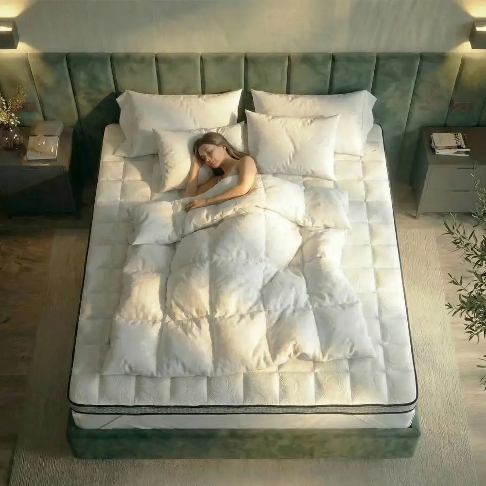 Gelschaum-Topper auf Doppelbett mit schlafender Person, ergonomische Druckentlastung und körperanpassender Schlafkomfort