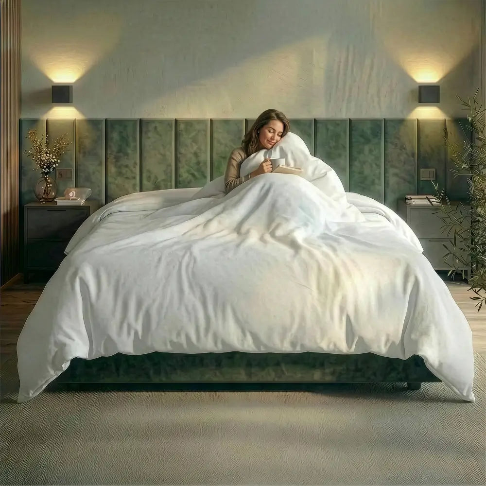 Frau kuschelt sich in eine Bettdecke und liest ein Buch