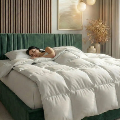 Frau schläft entspannt unter der Essential Federdecke im Bett, gleichmäßige Steppung sorgt für leichte Wärme und angenehmen Schlafkomfort
