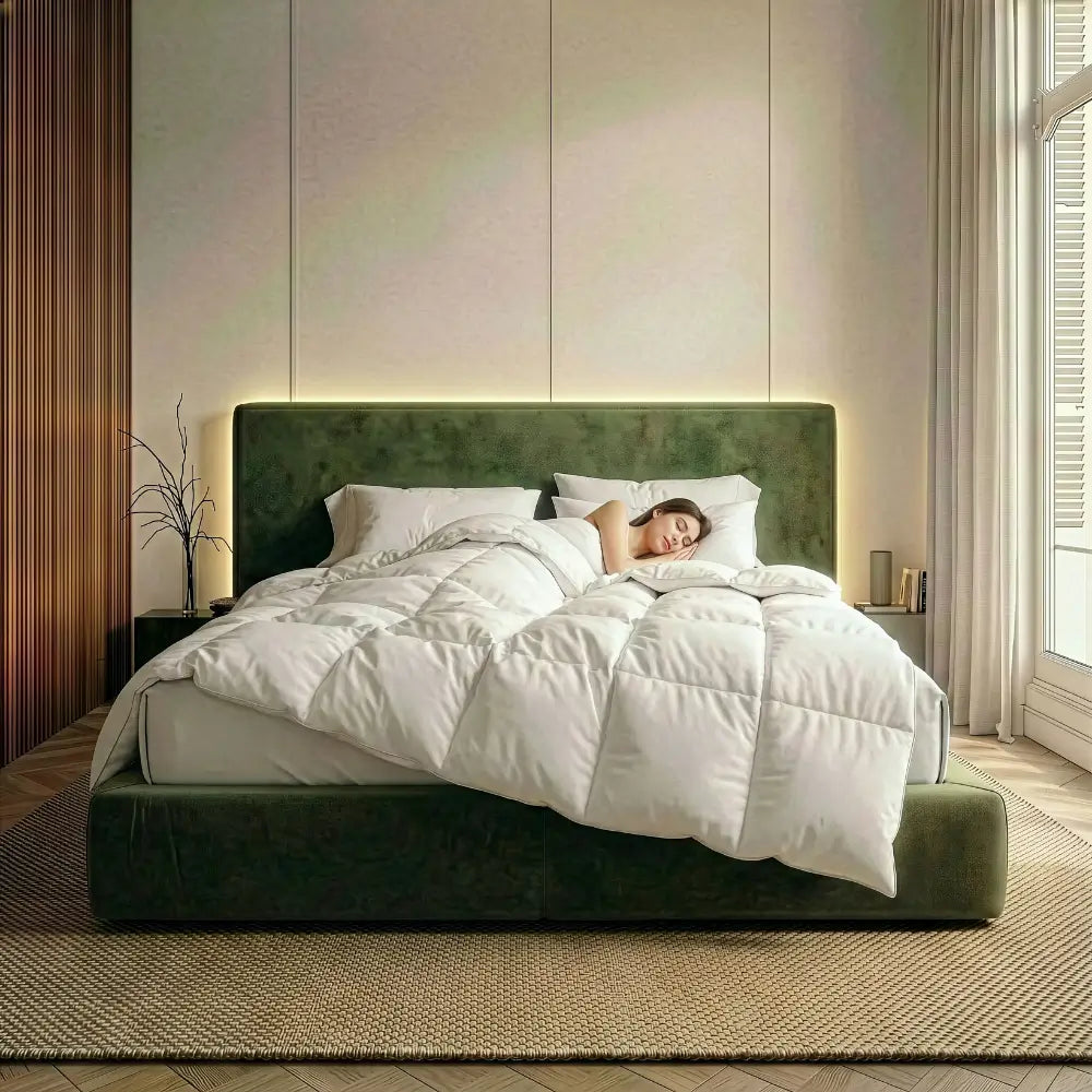 Schlafende Frau in einem modernen Schlafzimmer, zugedeckt mit der weißen Superior Daunendecke mit voluminöser Steppung für luxuriösen Wärme- und Schlafkomfort