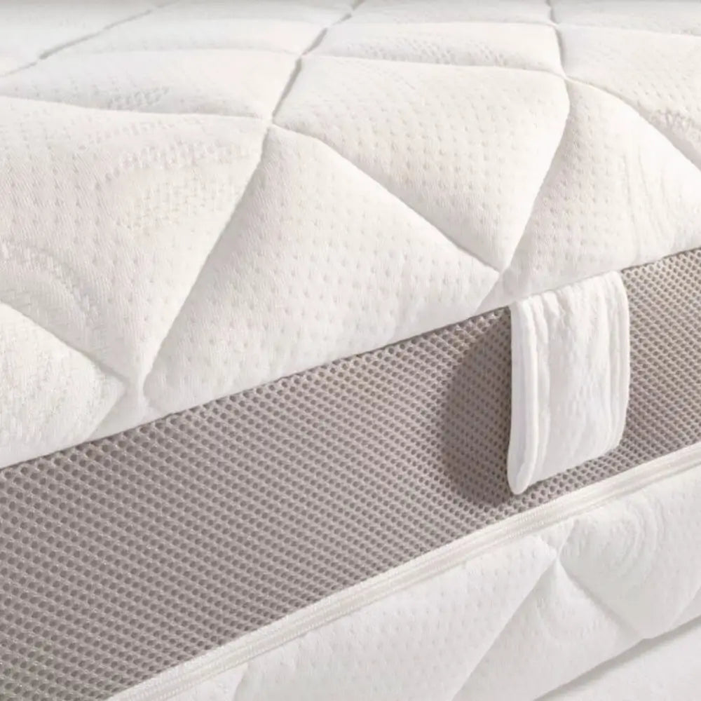 Seitliche Detailansicht der RIBECO 1000 Federkernmatratze mit atmungsaktivem 3D-Mesh-Rand