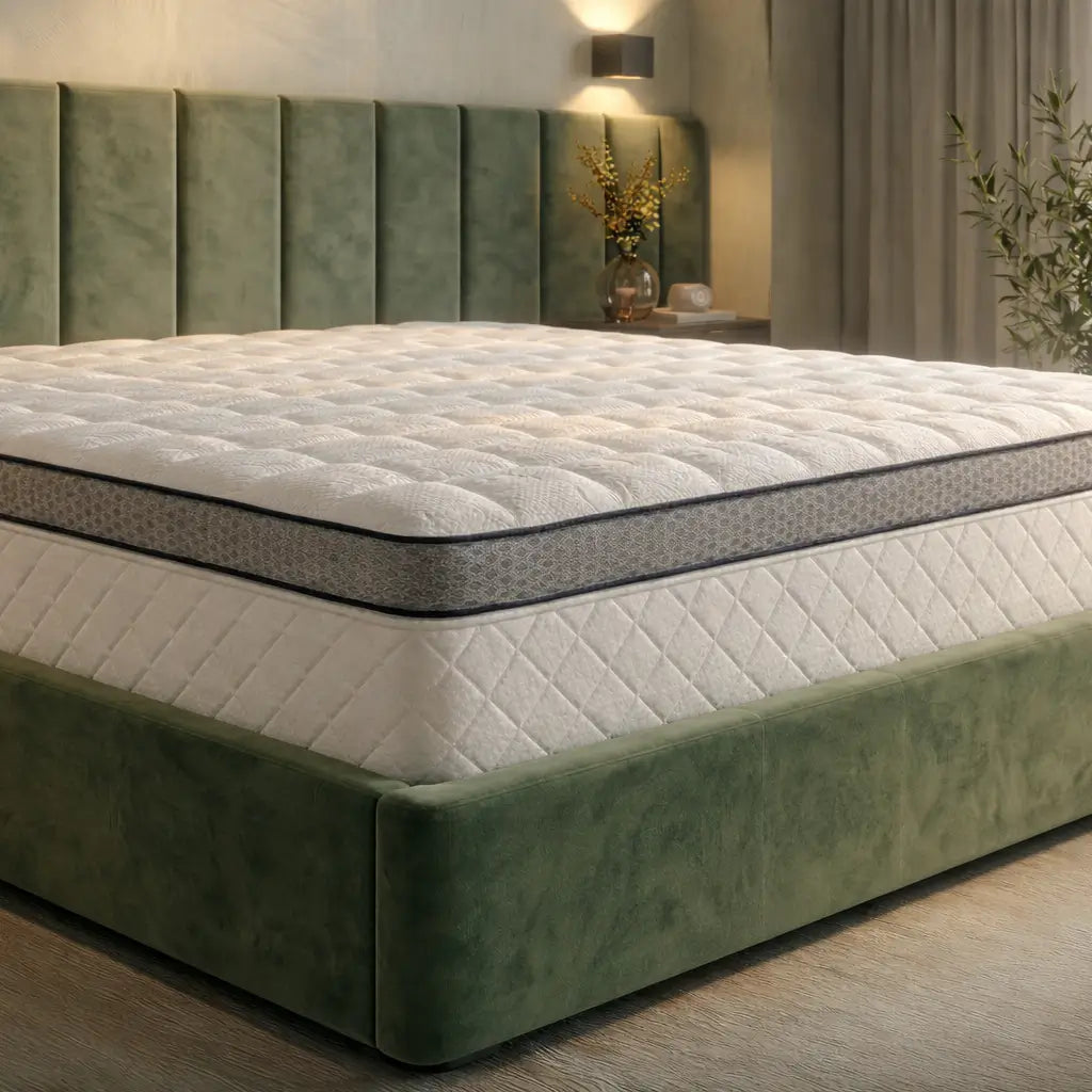 Matratze und Topper auf einem grünen Bett in einem modernen Schlafzimmer