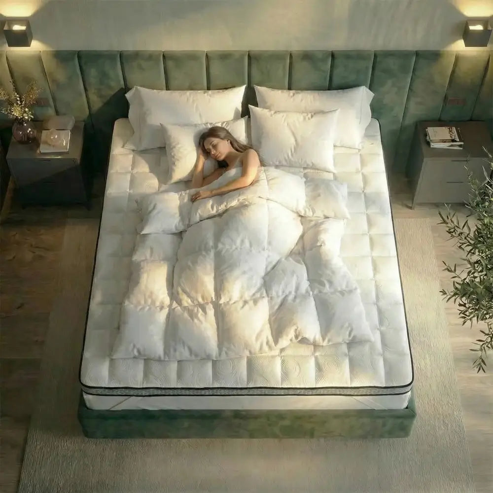 Frau schläft unter einer weißen Bettdecke in einem modernen Schlafzimmer