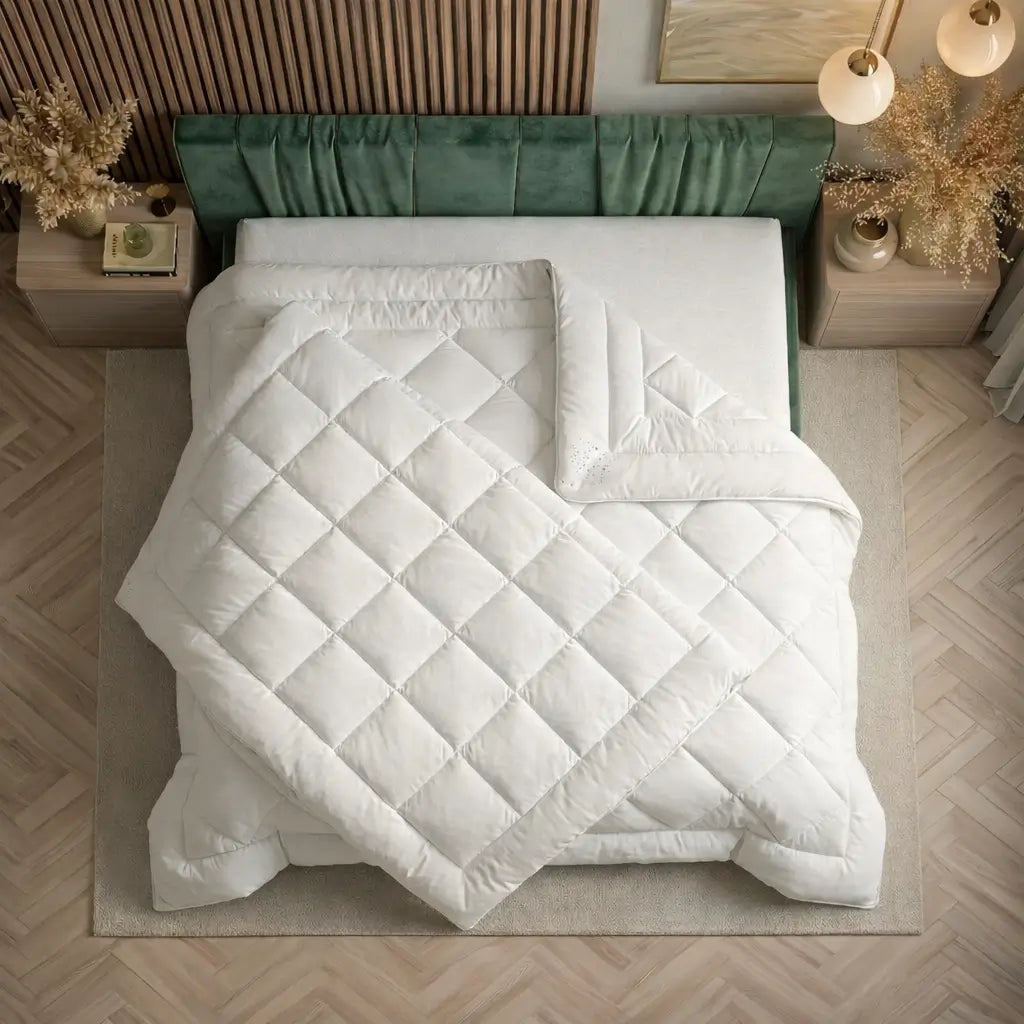 zwei vegane Bettdecke liegen quer versetzt aufeinander in einem modernen Schlafzimmer