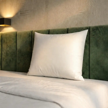 Weißes Premium Daunenkissen steht auf einem Bett vor einem grünen, gepolsterten Kopfteil.