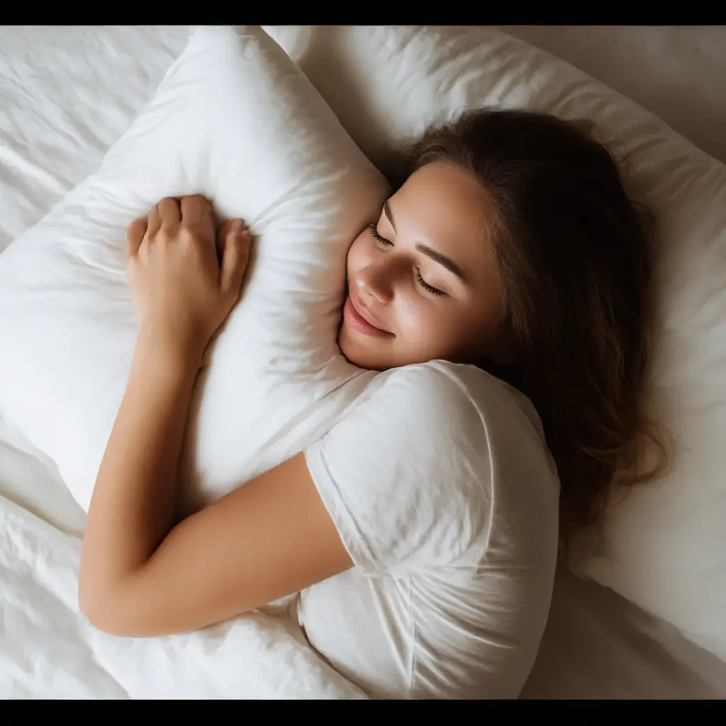 Frau schläft in einem Bett und kuschelt sich an ein weißes Kopfkissen